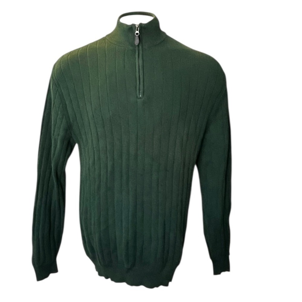 Peru Unlimited Mens‎ Green Ribbed 100% Pima Cotton 1/4 Zip Mock Neck Sweater L